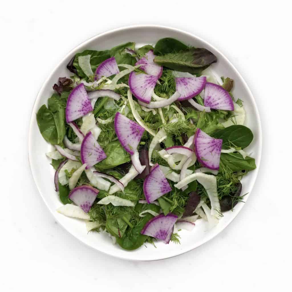 overhead view of fennel salad with purple radish by Chef Whitney Aronoff | Starseed Kitchen