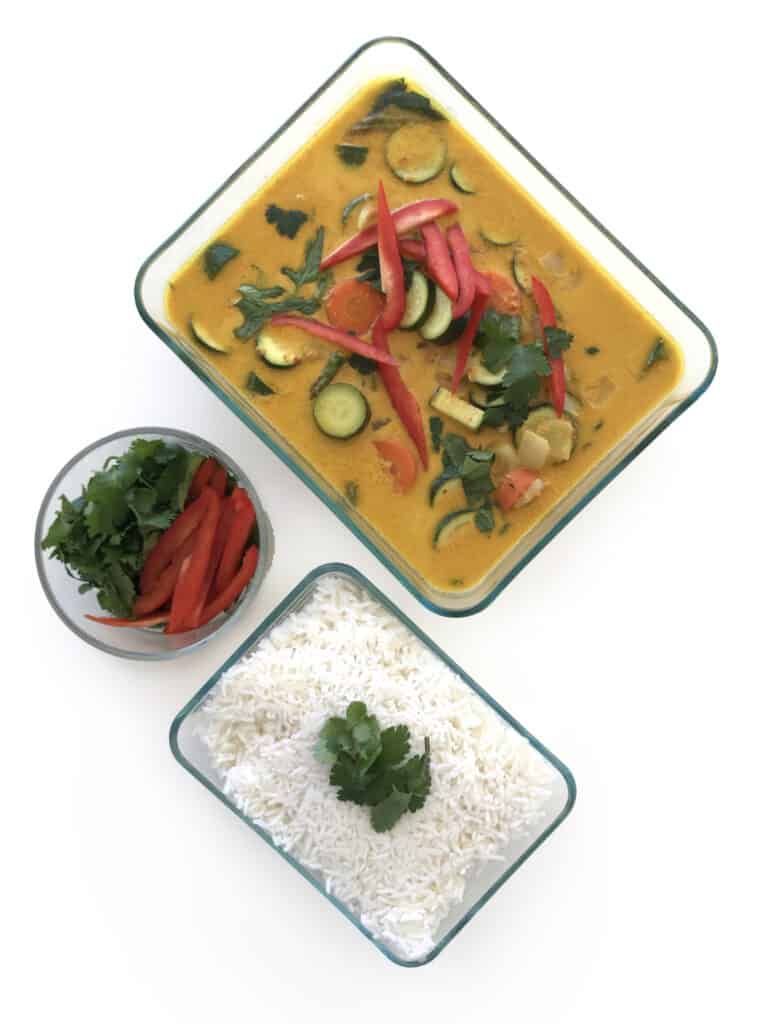 Healthy Yellow Vegetable Curry with vegetables for meal prep. Enjoy with cilantro, red bell pepper and rice | StarseedKitchen.com