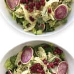 Colorful Freekeh Tabbouleh Salad with Fennel, Pomegranates, Over Romaine Lettuce for a clean eating meal prep salad