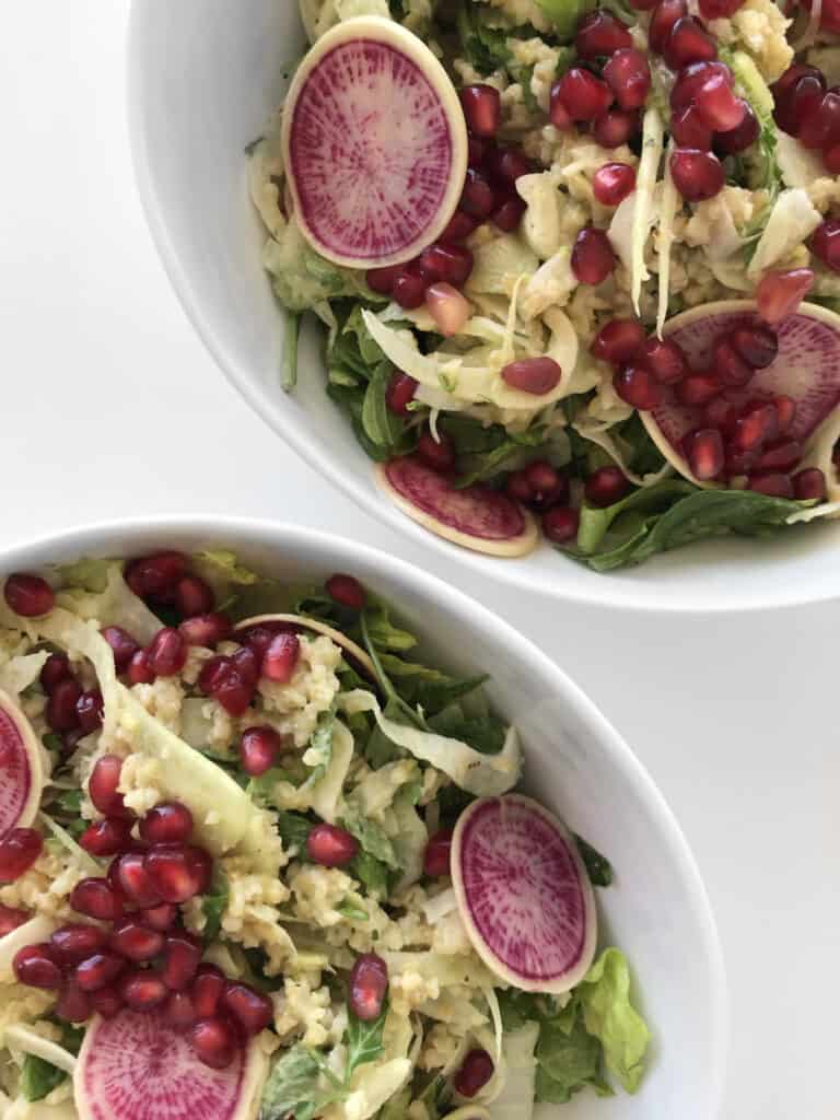 Colorful Freekeh Tabbouleh Salad with Fennel, Pomegranates & Romaine Lettuce for a healthy meal prep lunch - Vegan & Vegetarian