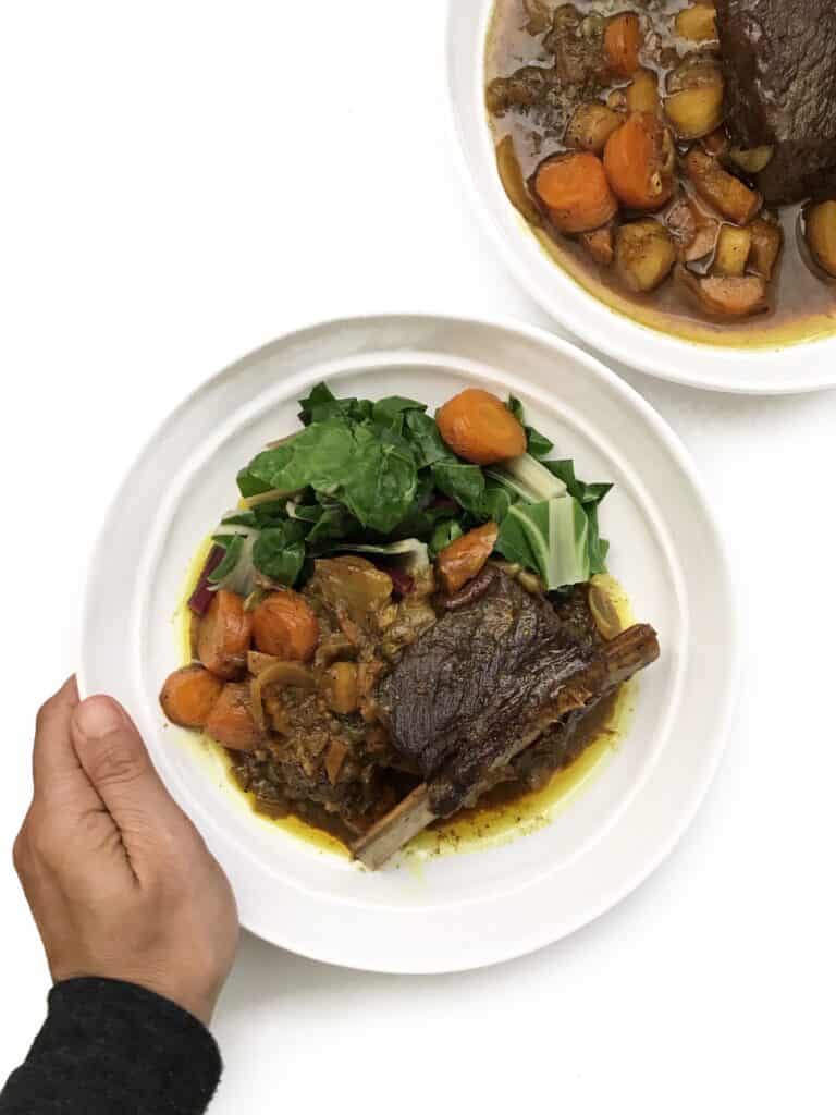 How to serve Moroccan Beef Short Ribs with carrots, parsnips and chard