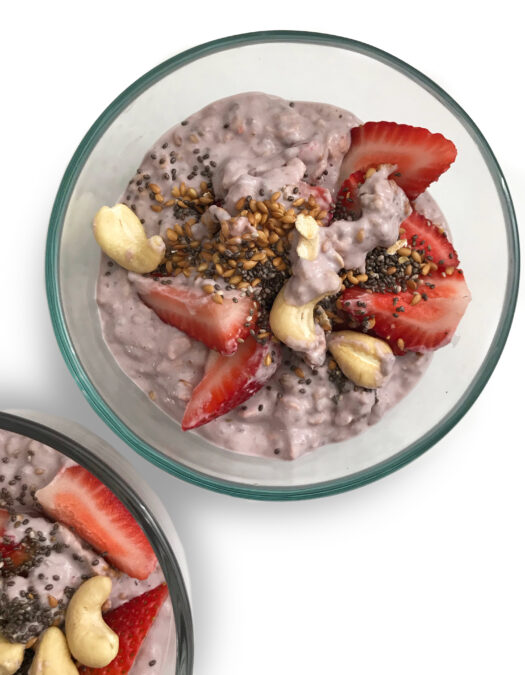 Strawberries and cream overnight oats that is vegan and gluten free