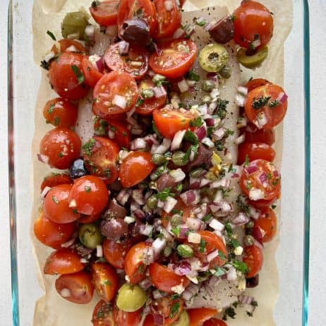 Mediterranean Baked white fish recipe with tomatoes and olives