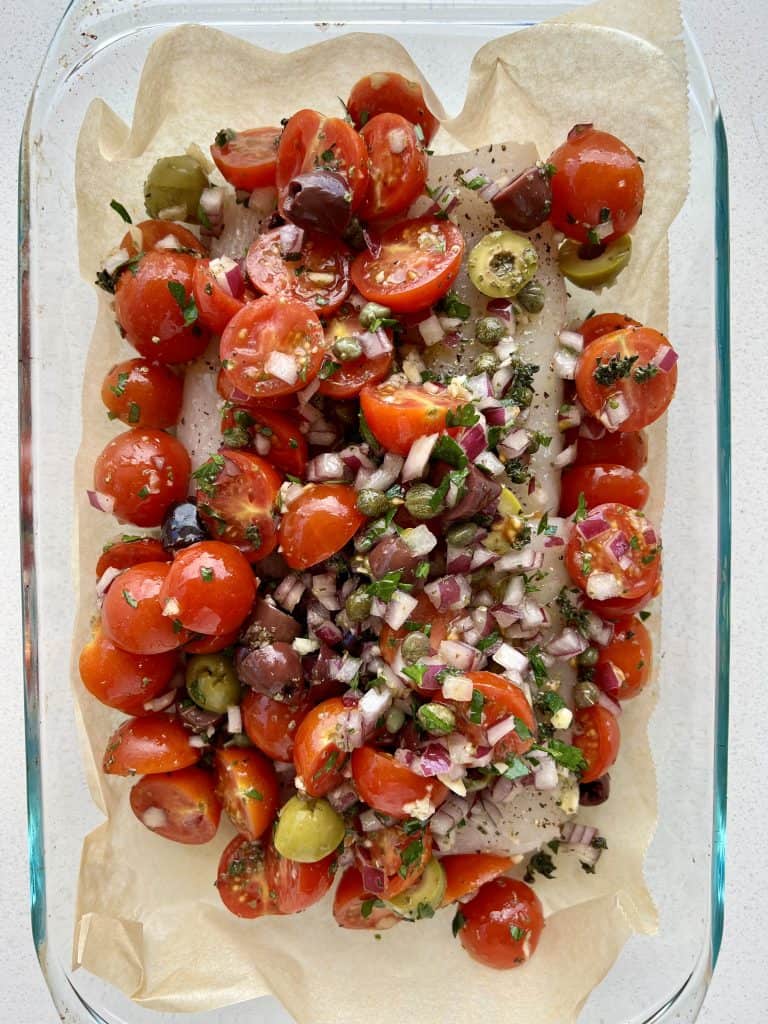 Mediterranean Baked white fish recipe with tomatoes and olives