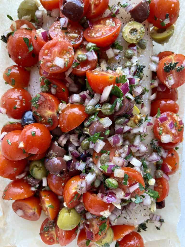 Mediterranean Baked white fish recipe with tomatoes and olives