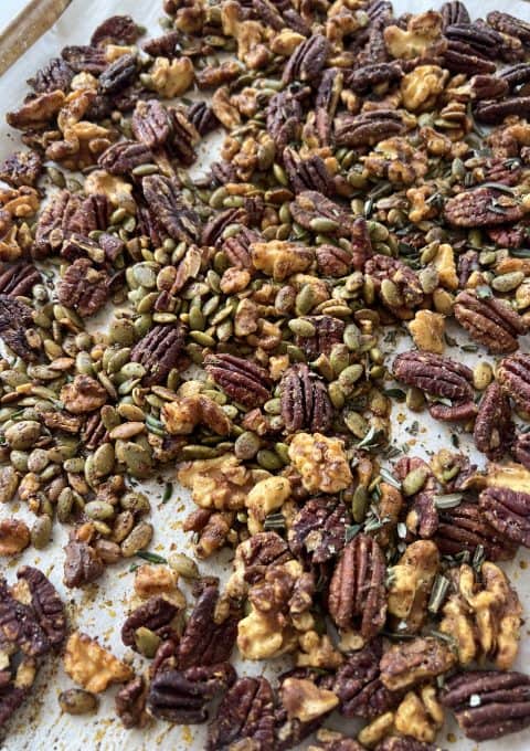 Pecan, Walnut & Pumpkin Seed Spiced Nuts With Rosemary & Maple