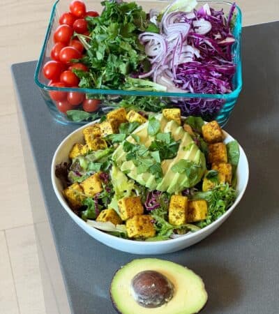 Golden Turmeric Adobo Tofu Cubes on salad