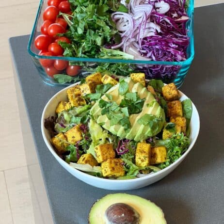 Golden Turmeric Adobo Tofu Cubes on salad