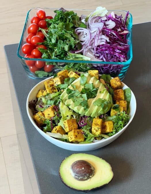 Golden Turmeric Adobo Tofu Cubes on salad