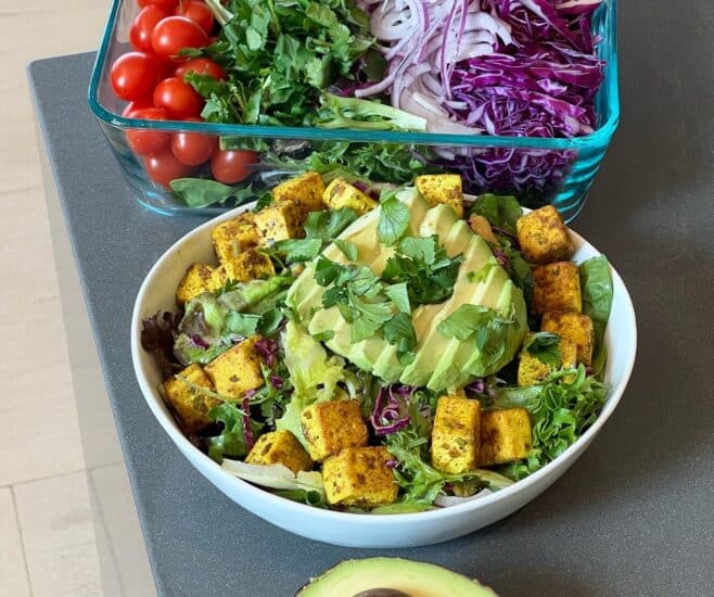 Golden Turmeric Adobo Tofu Cubes on salad